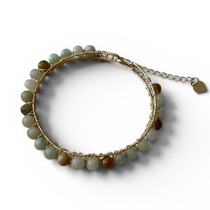 Delicate Jade Wire Wrap Bracelet | Gold Tone | Adjustable Fit
